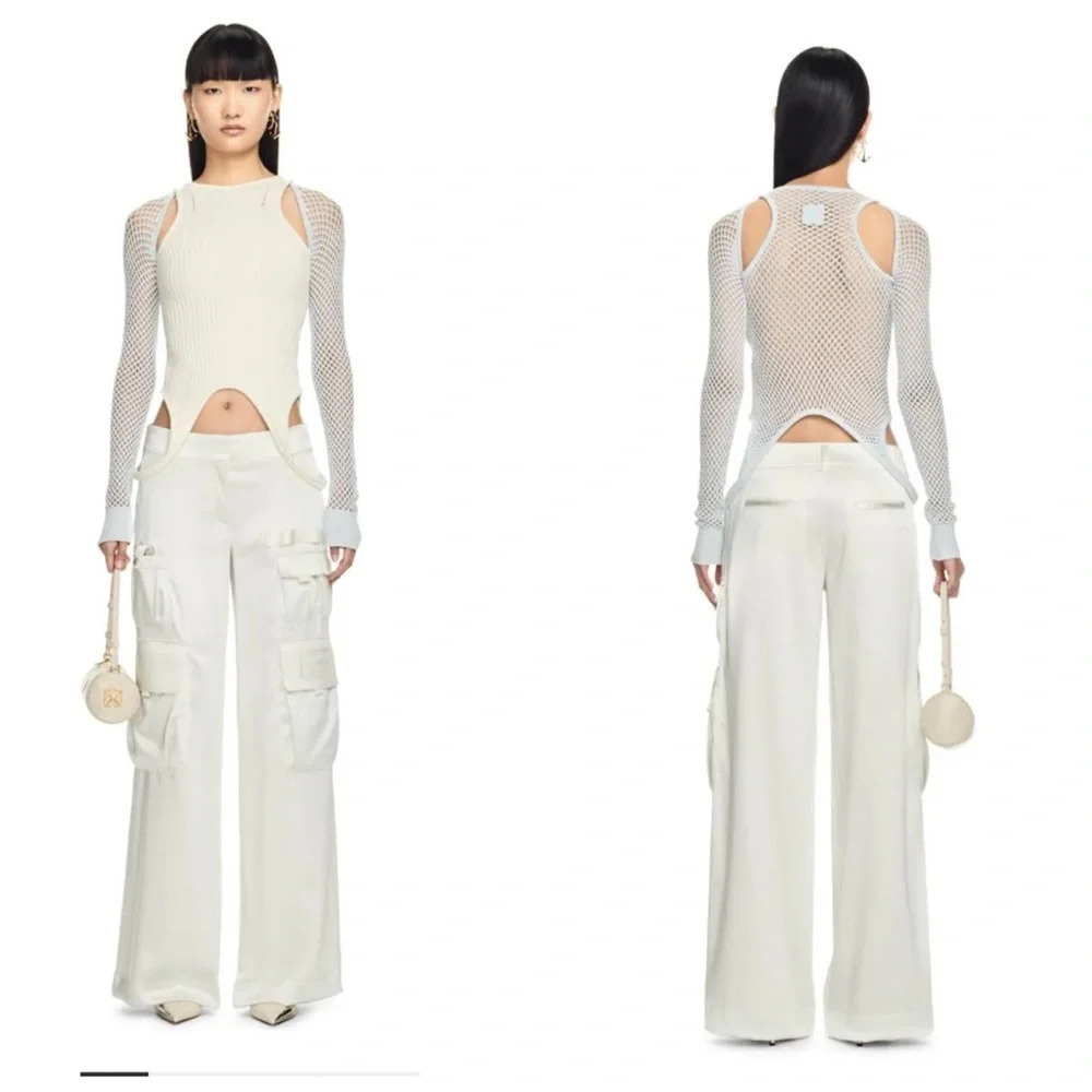 Off-White Satin Toybox Wide Leg Cargo Pants Coconut Milk Sz 38 New